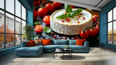 A white cheese with a basil leaf on top and tomatoes and pepper on the plate. The plate is on a black surface Wall mural