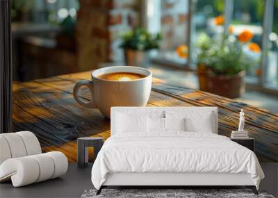 A white coffee cup sits on a wooden table with a view of a window Wall mural