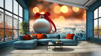 A white ornament with a red ribbon is sitting on a snowy ground. The image has a festive and joyful mood, as it is a Christmas scene Wall mural