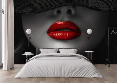 A woman's face is shown with a red lipstick and a black hat. The image is a black and white photo of a woman with a red lip Wall mural