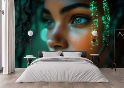 A woman with green hair and green eye makeup Wall mural