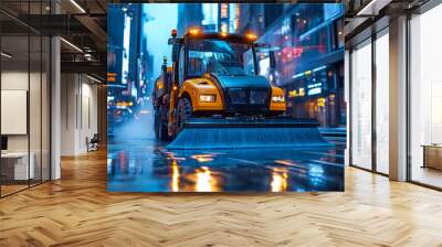 A yellow and black truck is driving down a wet street. The truck is spraying water on the road Wall mural