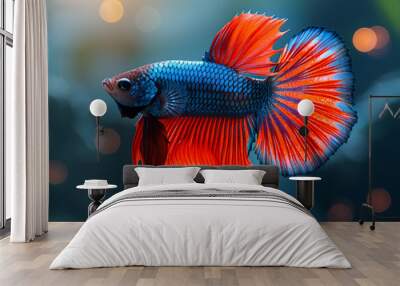 Betta fish in tank with corals. Beautiful red and blue betta fish Wall mural