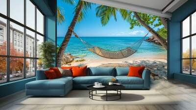 Empty hammock in the shade of palm trees on tropical Fiji Islands Wall mural