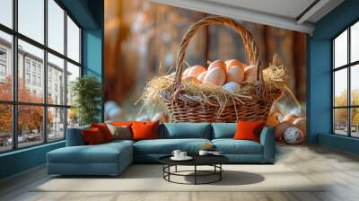 Fresh organic chicken eggs in basket on wooden rustic background Wall mural