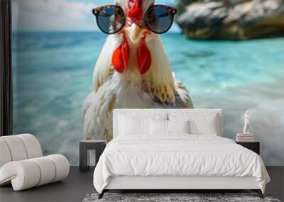 Funny Cock wearing sunglasses and shirt on the beach Wall mural