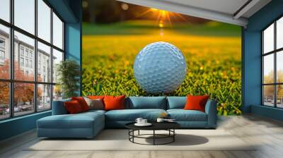 Golf ball on the lawn in beautiful golf course with morning sunshine Wall mural