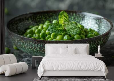 green peas in bowl on dark background Wall mural