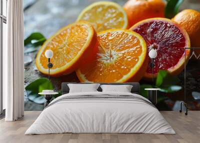 Group of Oranges on Table. Fresh Citrus Fruit Arrangement for a Perfect Snack or Decorative Display Wall mural