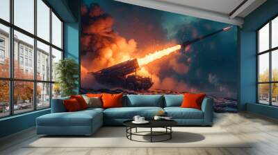 Military artillery unit fires rocket. Nighttime operation of a missile launcher Wall mural