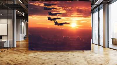 Military fighter jets flying high in the sky at sunset Wall mural