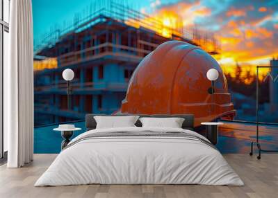 Sunset view of a construction site with hard hat. An orange hard hat rests on a surface as the sun sets behind an active construction site, casting warm hues across the sky. Wall mural