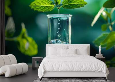 Test tube is filled with water and mint leaf is falling into it. Wall mural