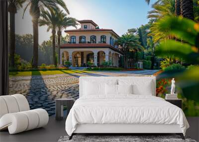 The house and the garden with flowers and palm trees in the morning at the luxury hotel Antalya Turkey Wall mural