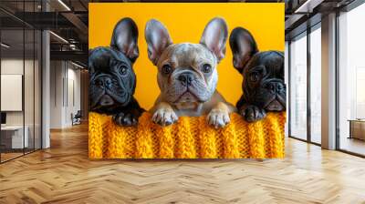 Three French bulldogs, one fawn and two black, sit together on a vibrant yellow knitted blanket, showcasing their playful demeanor. Wall mural