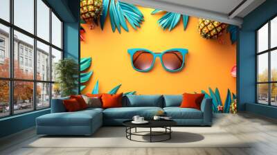 Tropical flat lay: sunglasses & fruit. Vibrant tropical arrangement featuring sunglasses, flowers, and pineapples on a bright orange background, perfect for summer vibes. Wall mural