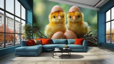 Two baby chicks are sitting on a nest with three eggs. The chicks are looking at the camera and seem to be curious about the eggs Wall mural