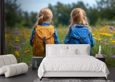 Two young girls are walking through a field of flowers, each carrying a backpack. The scene is peaceful and serene, with the girls enjoying the beauty of nature Wall mural