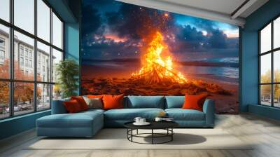 Warm beach bonfire glowing under a starry sky. A bright bonfire illuminates the sandy beach while stars twinkle in the night sky, creating a cozy, magical atmosphere by the ocean. Wall mural