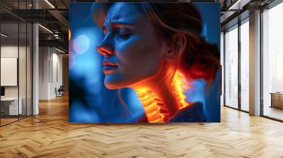 Woman having neck pain and neck injury painful area highlighted in red on dark background Wall mural