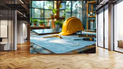 Yellow hard hat and blueprints on table. A yellow construction helmet sits atop blueprints Wall mural