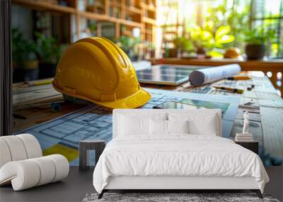 Yellow hard hat and mobile phone on the table with blueprint and measuring tools at construction site Wall mural