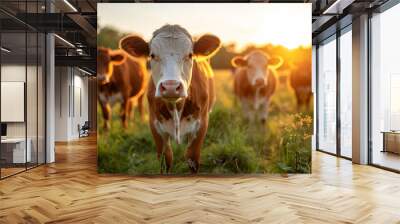 Young calves are grazing in meadow at sunset. A group of brown and white cows graze in the field. Wall mural