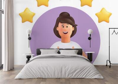 3D cartoon character. Young woman making good sign, shows gesture cool. Customer review rating and client feedback concept. Smiling cute brunette girl.  3d vector illustration. Wall mural