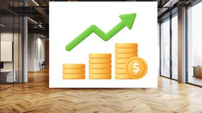 Coin stack growth chart with increasing arrow. Finance, capital and money increase concept. 3d vector icon. Cartoon minimal style. Wall mural