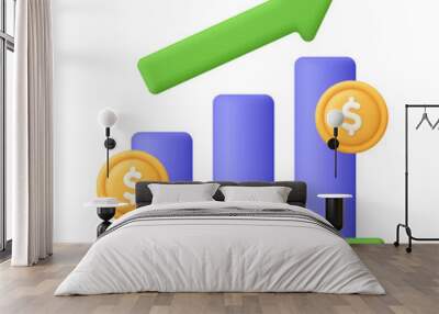 Financial growth chart with coins. Chart with bars and green rising arrow. Finance, capital and money increase concept. 3d vector icon. Cartoon minimal style. Wall mural