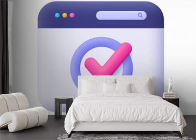 Webpage with check mark and magnifying glass. Search engine concept. 3d vector icon. Cartoon minimal style. Wall mural