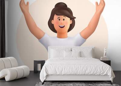 Young woman Jane celebrating goal achievement, victory. Concept of victory and success. Win, raised hands, hands up gesture. 3d vector people character illustration. Wall mural