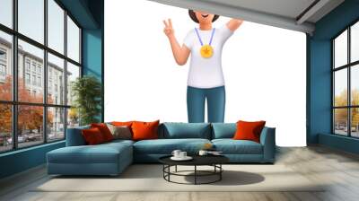 Young woman Jane champion holds golden winner cup, awarded with prize, win award. Concept of goal achievement celebration. 3d vector people character illustration. Wall mural