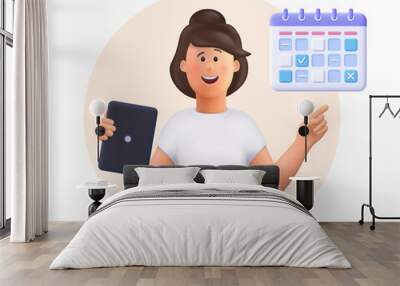 Young woman Jane holding tablet, showing plan schedule, planning day scheduling appointment in calendar application. Business planning ,events, reminder and timetable.3d vector people illustration. Wall mural