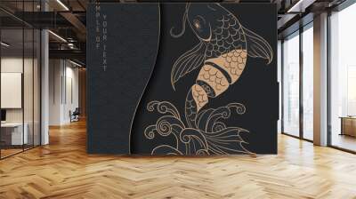 abstract illustration black and gold fish with sushi  Wall mural