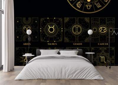 collection of horoscope sign in mystic style, black and gold colours Wall mural