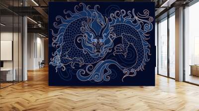 hand drawn japanese vector dragon in black and gold colours	 Wall mural