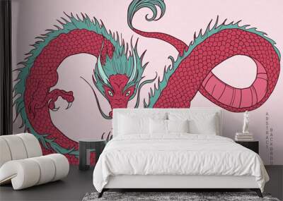 hand drawn japanese vector dragon in pink and green colours Wall mural