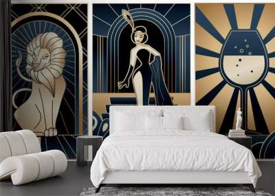 illustrations of art deco style in black and gold colours Wall mural