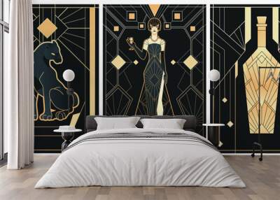 illustrations of art deco style in black and gold colours	 Wall mural