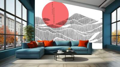 minimalist lines landscape background in asian style in black colours with red circle on background Wall mural