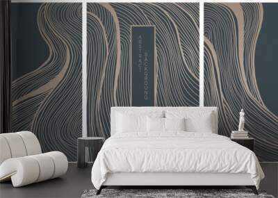 vector abstract japanese style landscapes lined waves in black and gold colours	 Wall mural