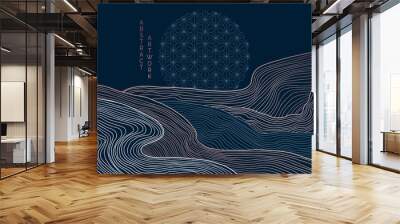 vector abstract japanese style landscapes lined waves in black and gold colours	 Wall mural