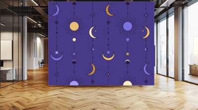 vector seamless pattern of cosmos elements on endless line in dark purple and yellow colours scheme, main colour is dark purple Wall mural