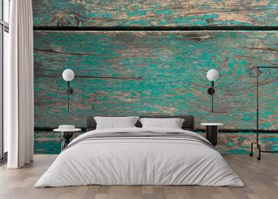 Background in the form of three horizontal wooden boards of dirty green color with peeling paint Wall mural