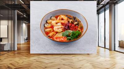 Varieties of soup bowls assorted. Many flavors of soups collection set. mushroom soup, chicken soup, pumpkin soup, shrimp, beef, vegetable, crab. set of various bowls of soups isolated. Wall mural