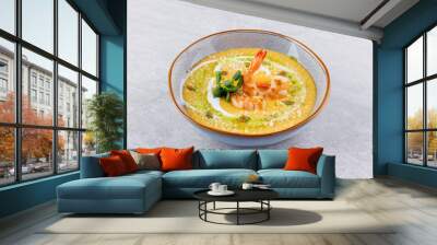 Varieties of soup bowls assorted. Many flavors of soups collection set. mushroom soup, chicken soup, pumpkin soup, shrimp, beef, vegetable, crab. set of various bowls of soups isolated. Wall mural