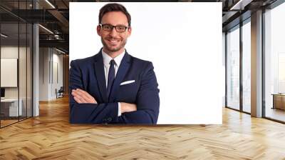 Handsome bearded businessman in office suit and tie isolated on white background. Smart Professional bank manager in glasses is smiling with joy, he loves his job Wall mural