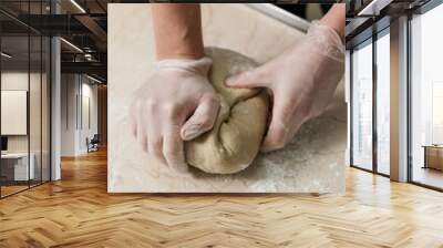 male chef's hands knead the dough for baking bread Wall mural