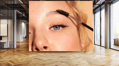 Close-up of a young girl brushing her eyebrows on her face. Fresh makeup. Clean skin. Curly hair. Arrows on the eyes. Blue eyes Wall mural